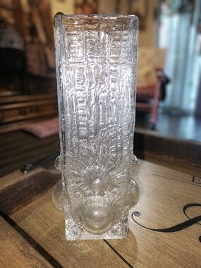 Vintage 1970s Rune Strand Swedish Clear Pressed Glass Vase SEA Glasbruk 8”